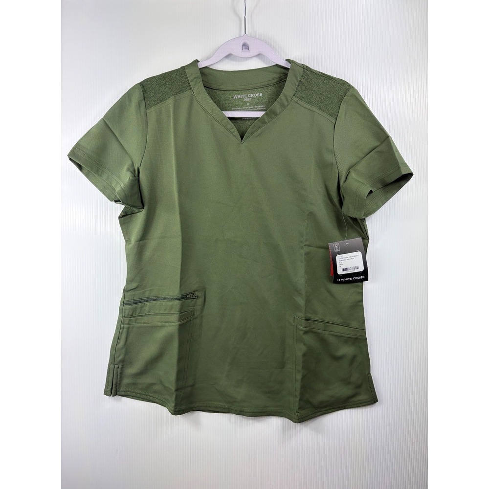 White Cross Vibe Curved V-Neck Top Med‎ Olive Green CiCLO Eco Knit Accent Scrub